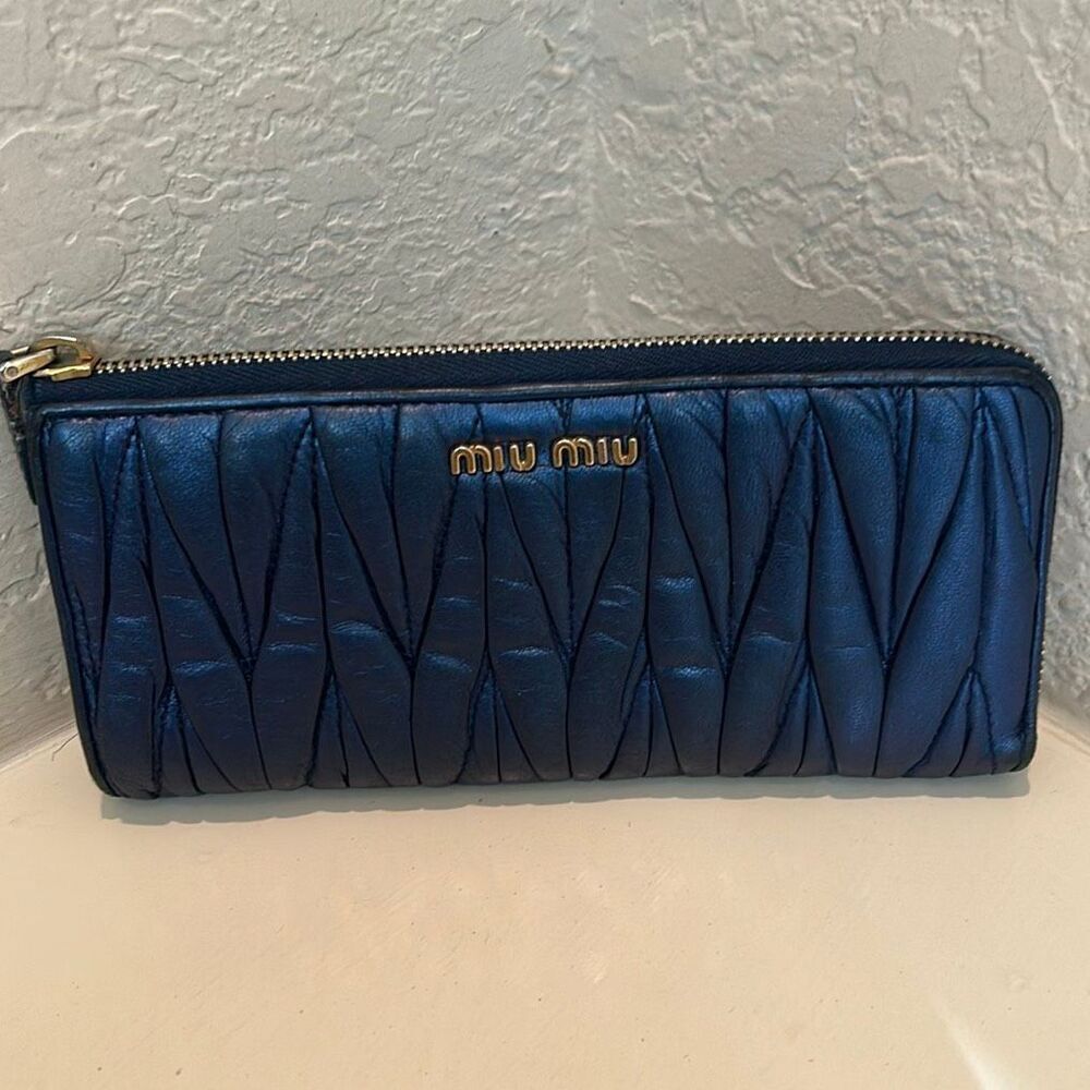 Miu Miu Nappa Matelasse Lux Leather Zip Around Long Wallet Blue Metallic Bold